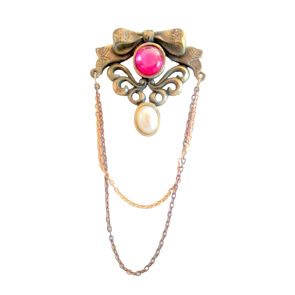 Vintage Bergere Signed Gorgeous Brooch Gold Tone Bow Faux Pearl Swag Chains